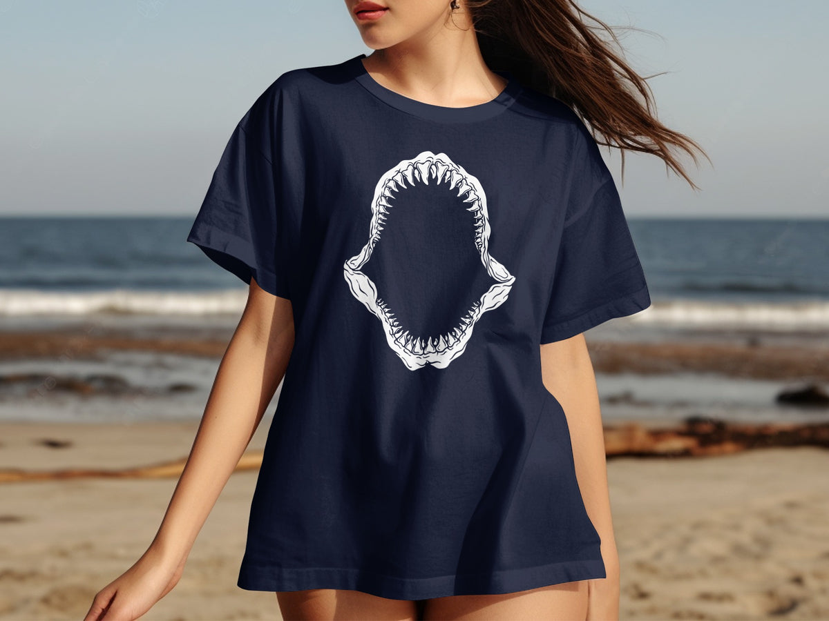 Dark navy t-shirt with a white shark jaw graphic on the front.