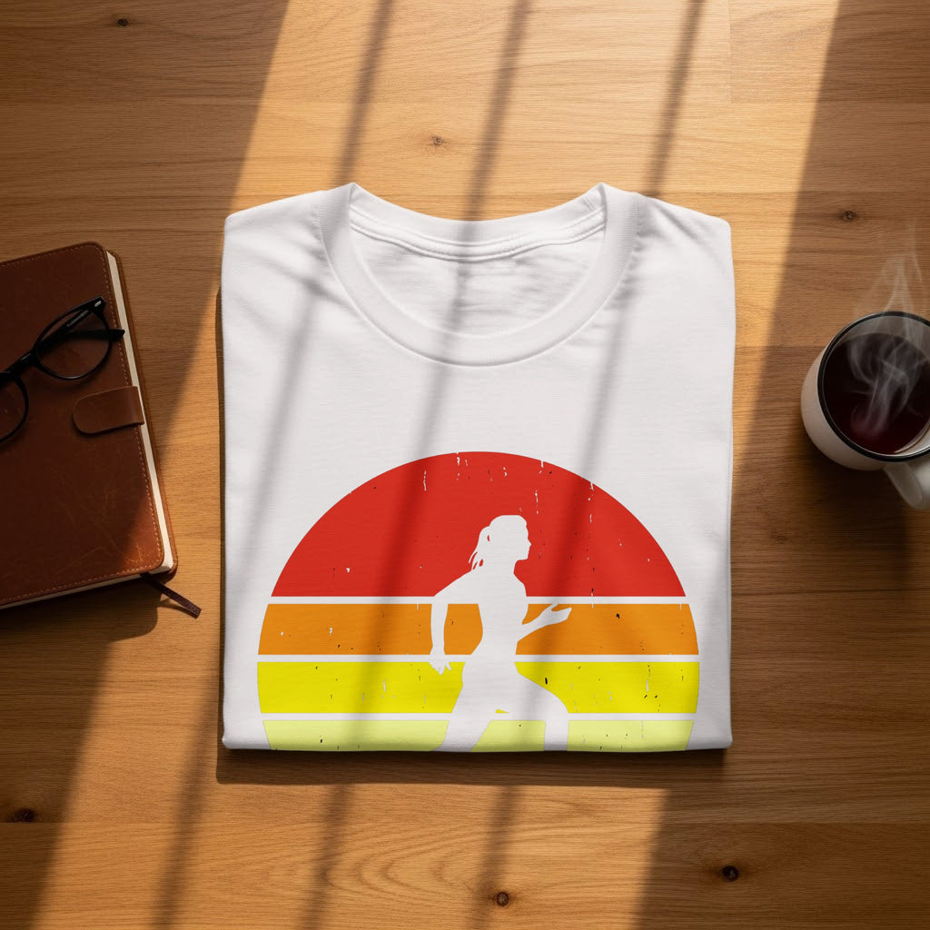 White t-shirt with distressed retro runner graphic and colorful sunset stripes.