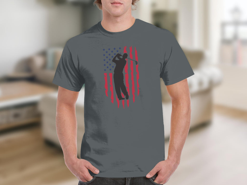 A golfer silhouette with an American flag design on a charcoal t-shirt.