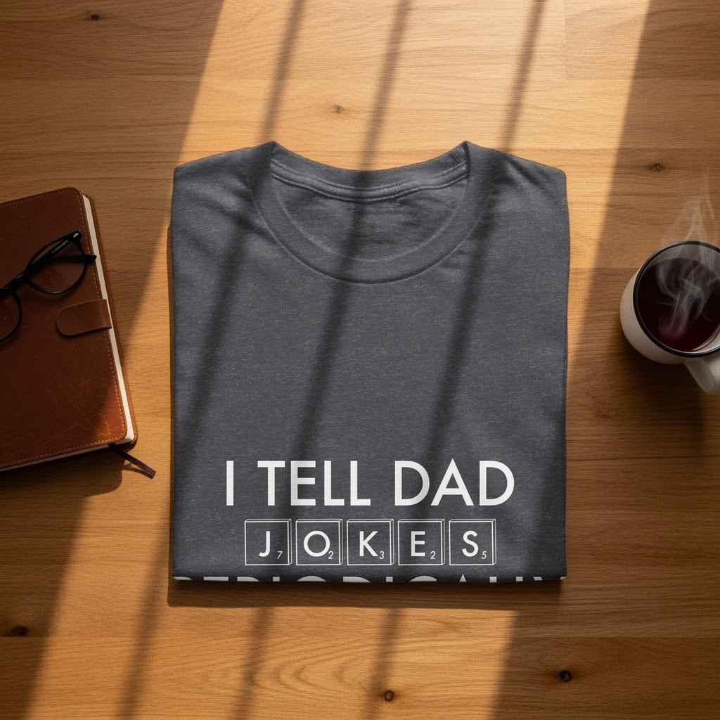 Dark gray t-shirt with "I TELL DAD JOKES" in white letters.
