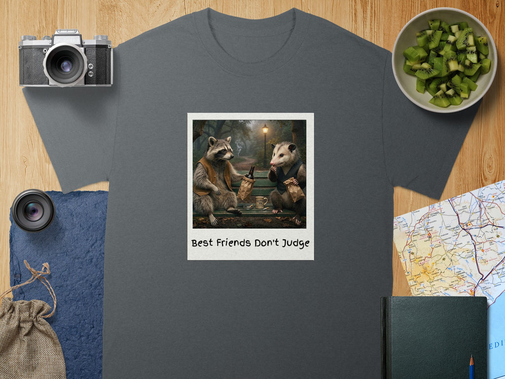 T-shirt with a polaroid graphic of a raccoon and possum sitting on a bench with text "Best Friends Don't Judge".