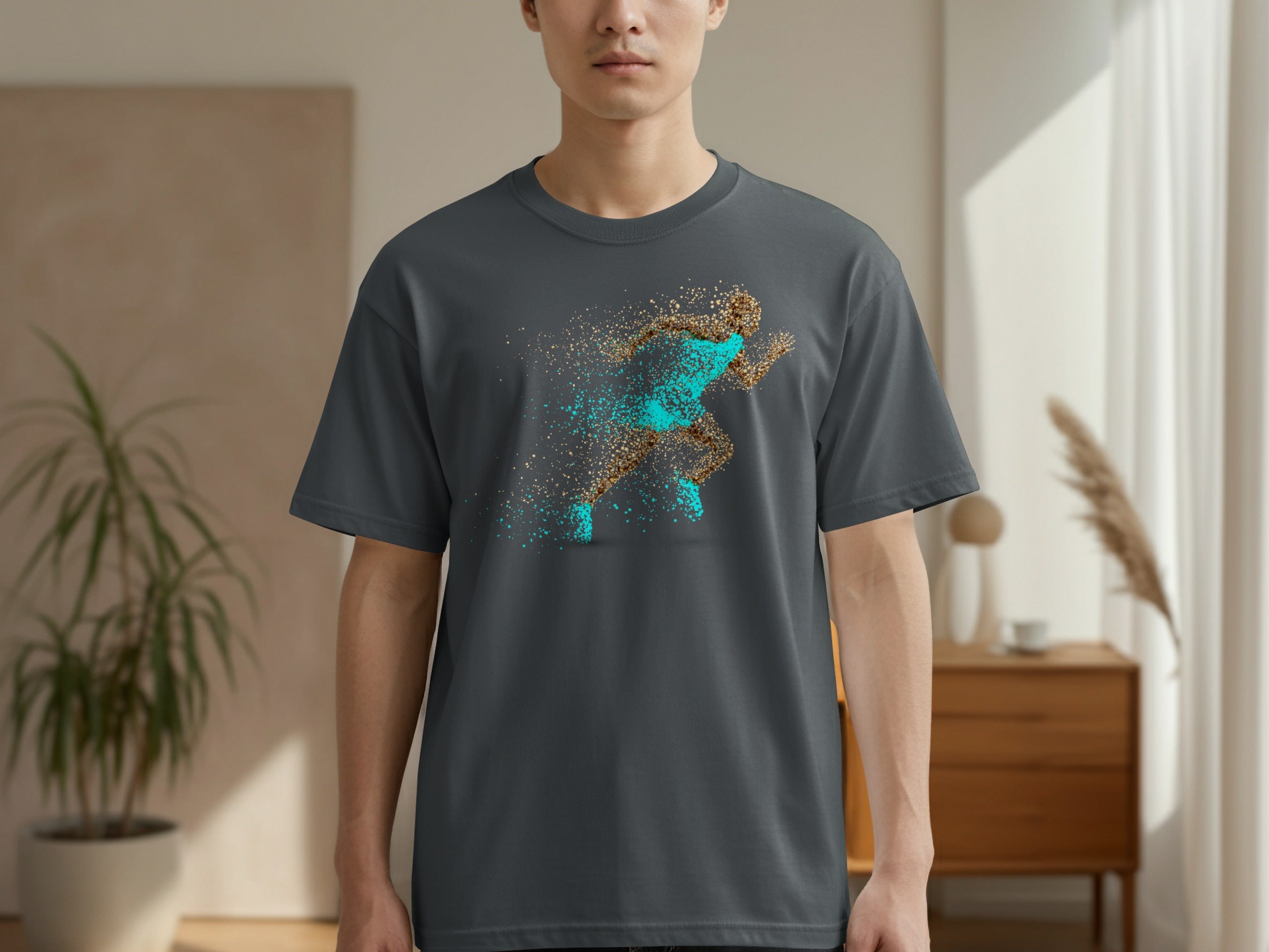 Dark grey t-shirt with a teal and gold particle runner graphic.