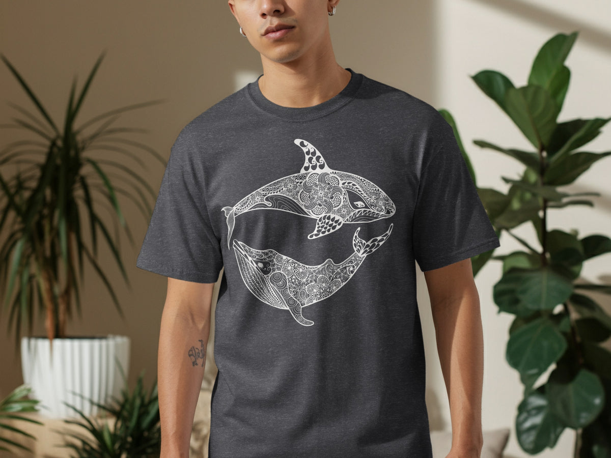 Dark grey t-shirt with an orca and whale design in white, intricate patterns.