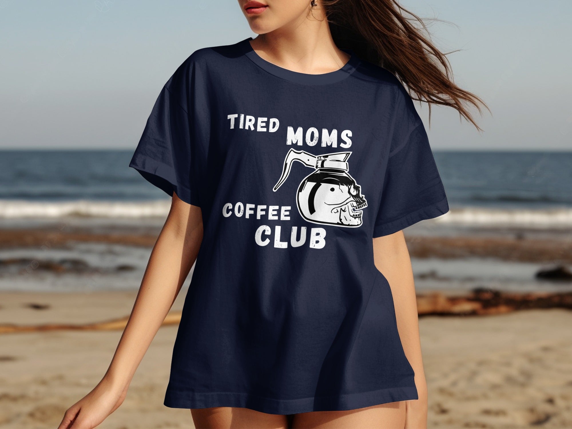 Navy t-shirt with white text: tired moms coffee club and skull coffee pot graphic.