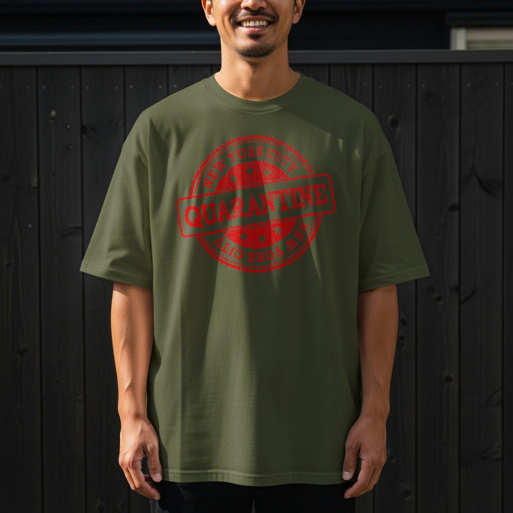 Green t-shirt with a red "New York City Quarantine" stamp design.