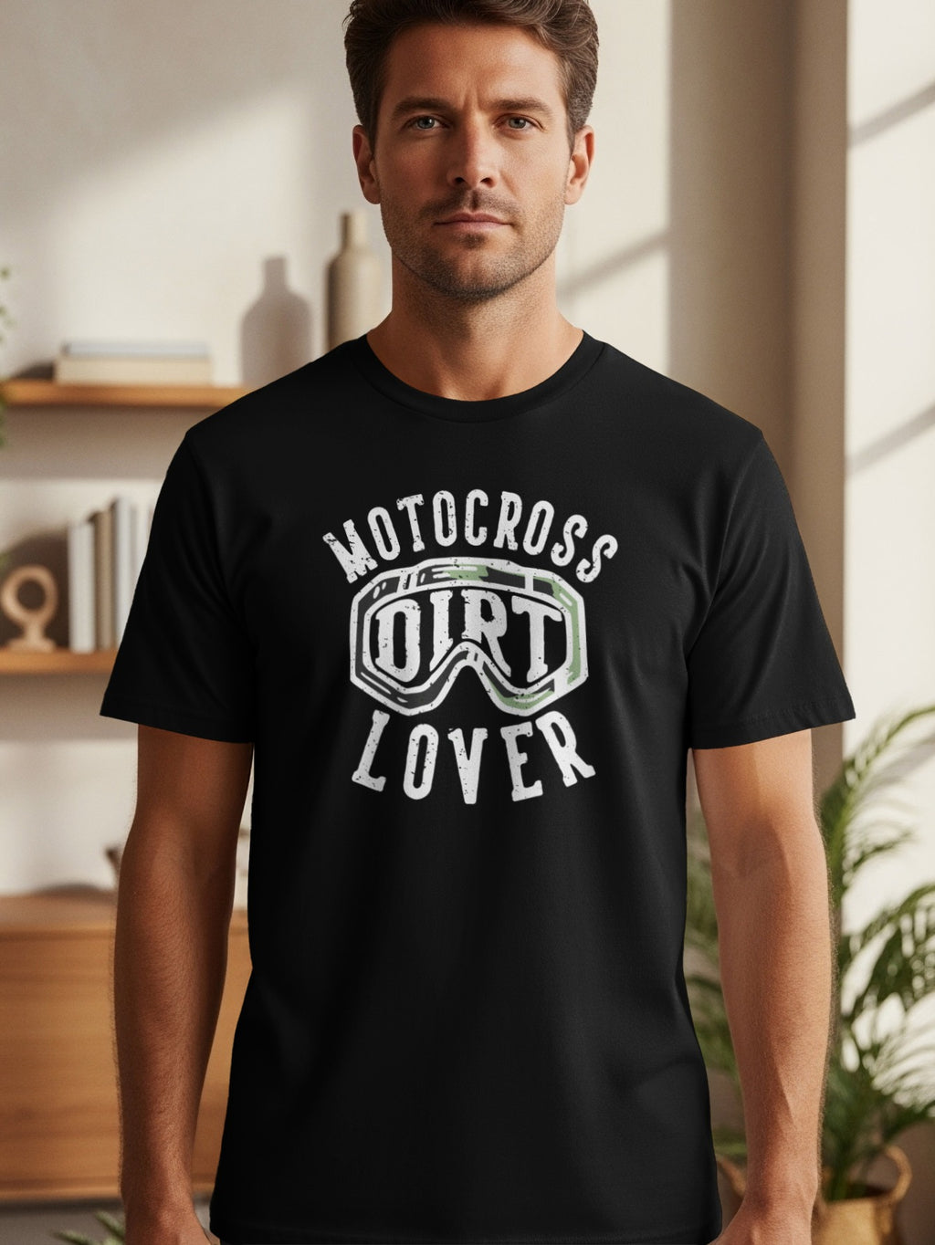 Black t-shirt with white "Motocross Dirt Lover" text and goggles graphic.