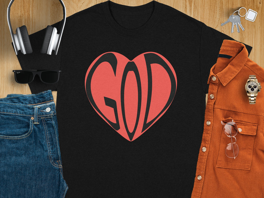 Black t-shirt with a red and black heart graphic spelling "GOD".