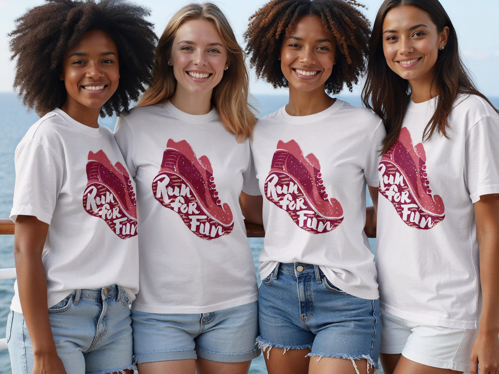 Four women smiling on a boat wearing white t-shirts with a graphic of a shoe and text.