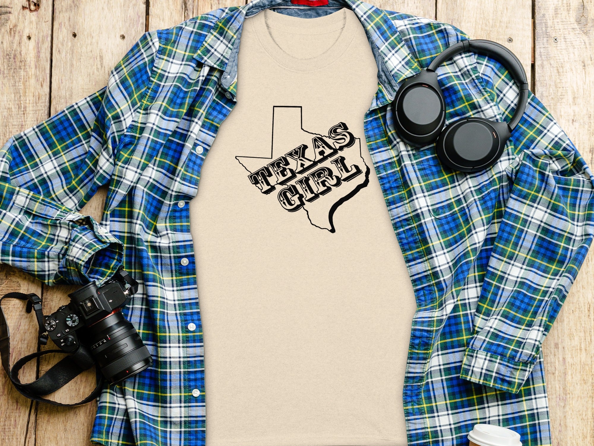 Neutral t-shirt with "TEXAS GIRL" text overlaid on Texas outline.