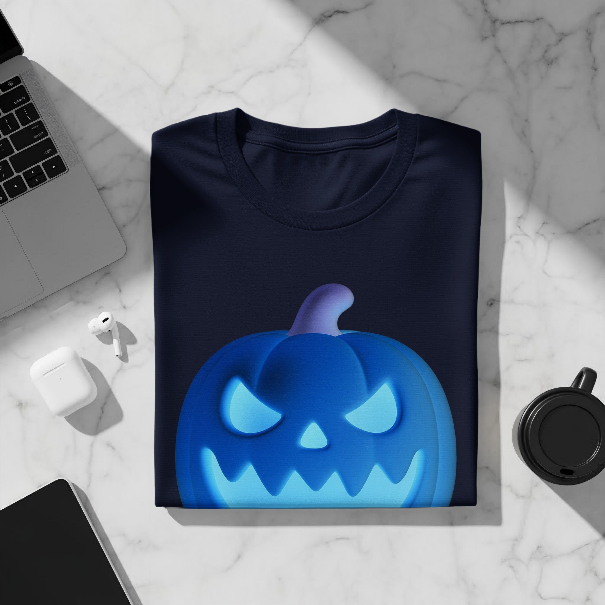 Navy t-shirt with a glowing blue jack-o'-lantern graphic.