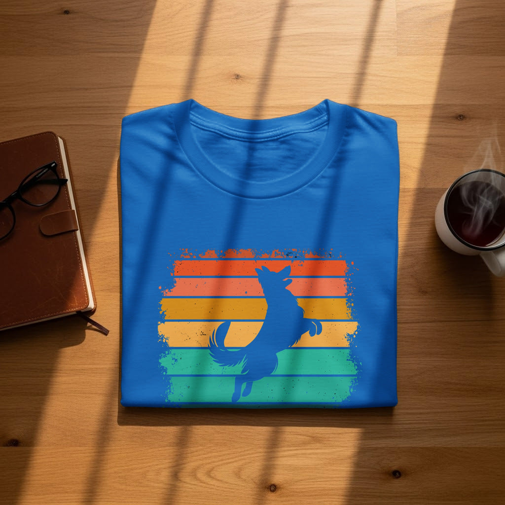 Blue t-shirt with a blue dog silhouette on a retro striped background.