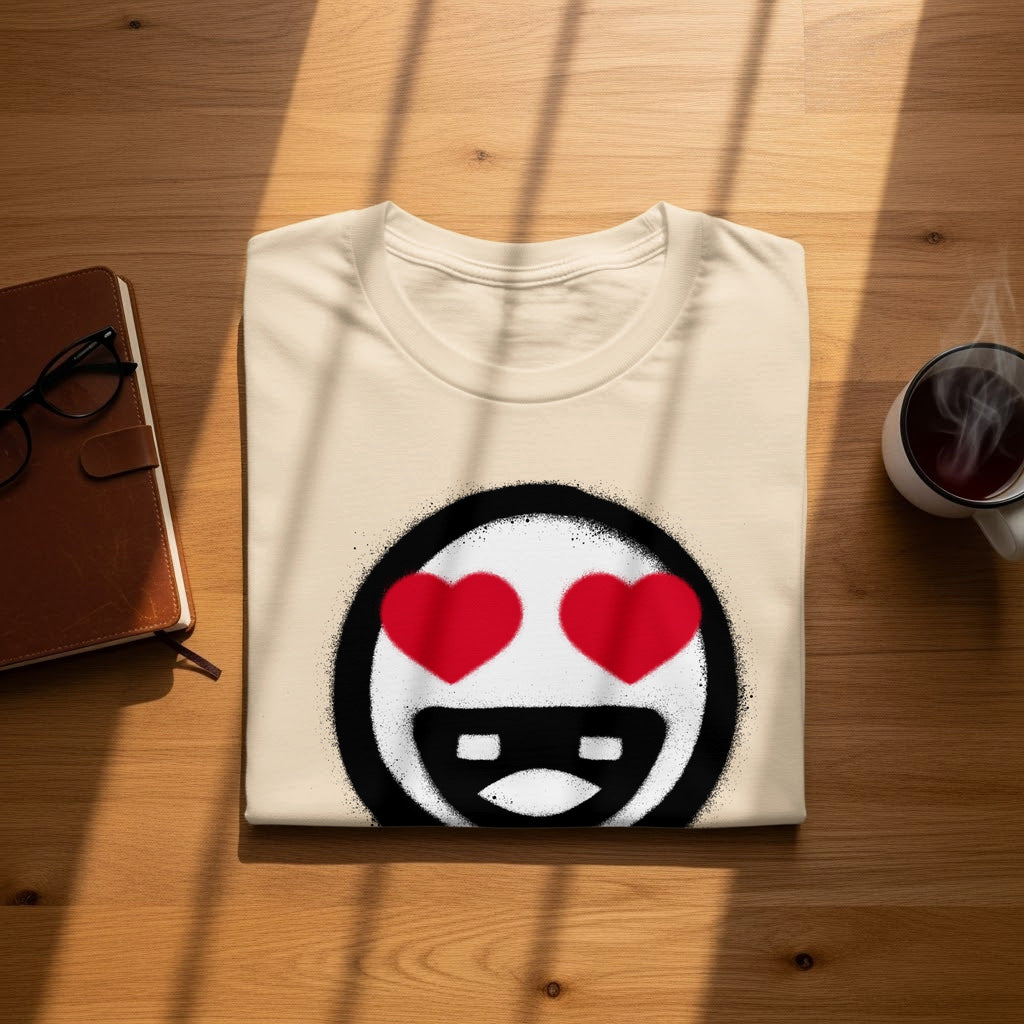 Cream t-shirt with spray-painted happy emoji face featuring red hearts for eyes.
