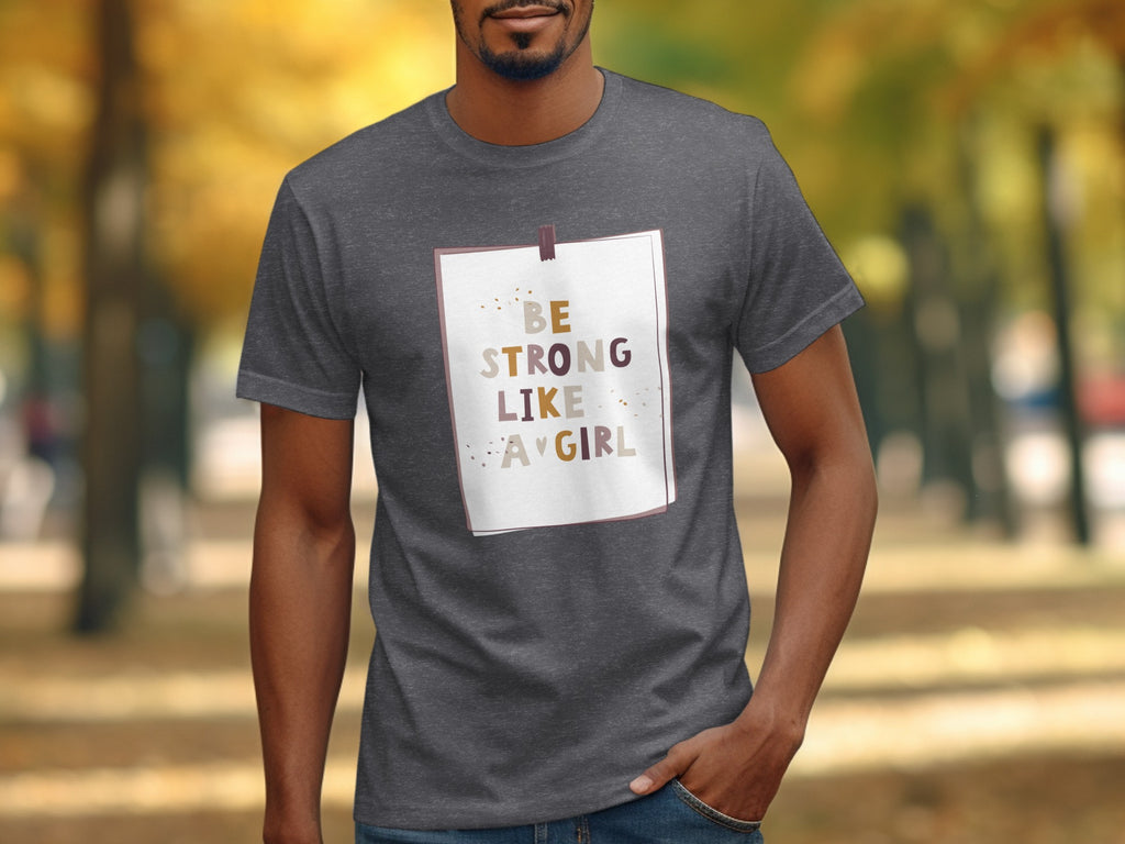 Dark gray t-shirt with "BE STRONG LIKE A GIRL" text in a white box.