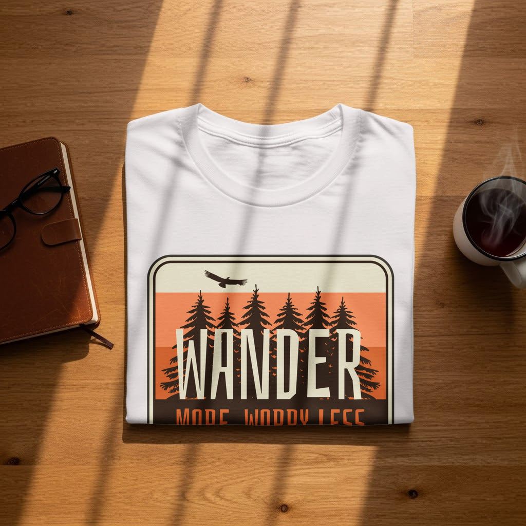 White t-shirt with "WANDER MODE: WOODY LESS" graphic and forest scene.