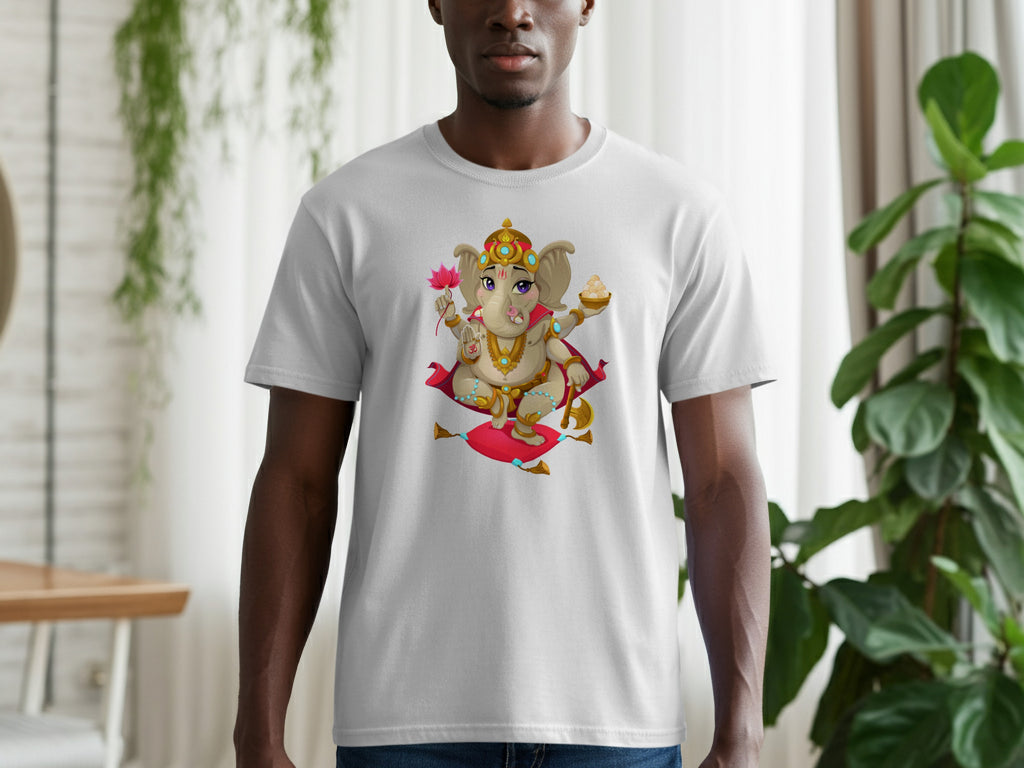 Cartoon Ganesha illustration on a grey t-shirt held by a man.