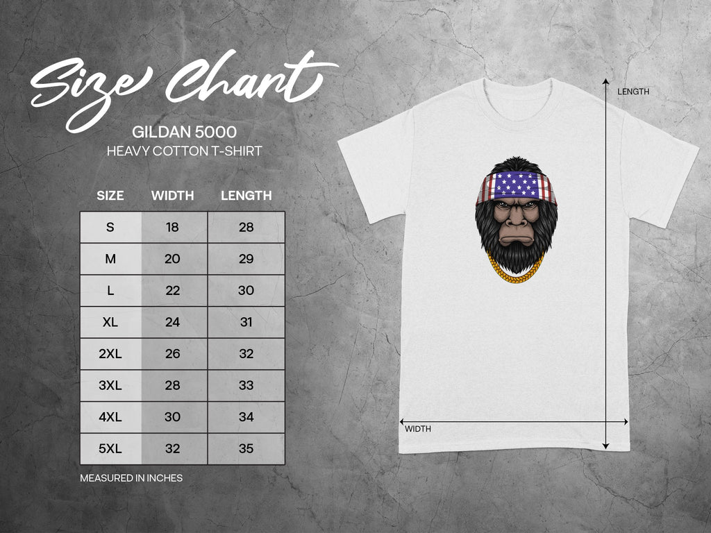Gildan 5000 t-shirt size chart with Bigfoot graphic wearing American flag bandana.
