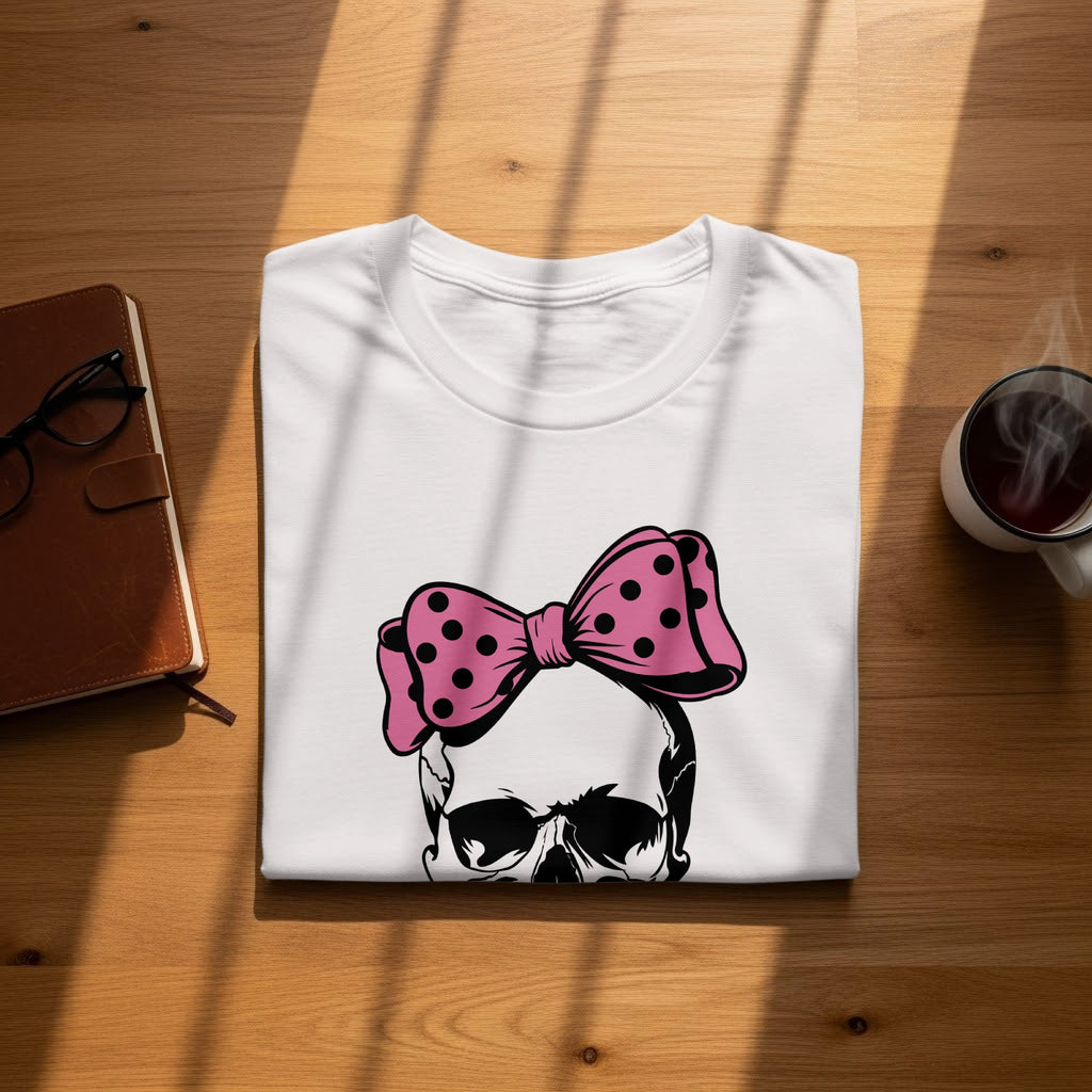 White t-shirt with skull graphic and pink polka dot bow.