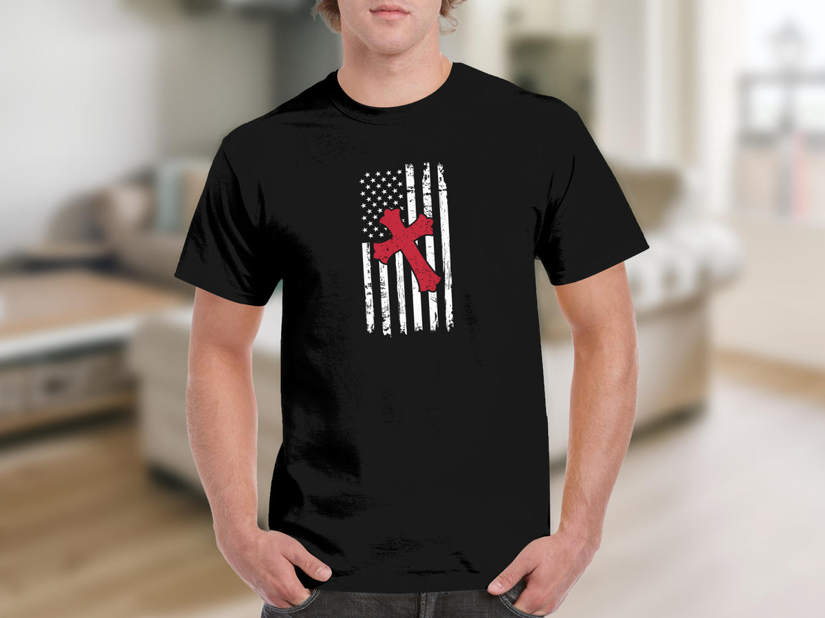Black t-shirt with distressed American flag and red Christian cross design.