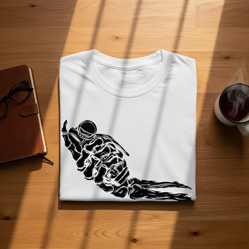 White t-shirt with a black graphic of a skeleton hand holding a grenade with a fuse.