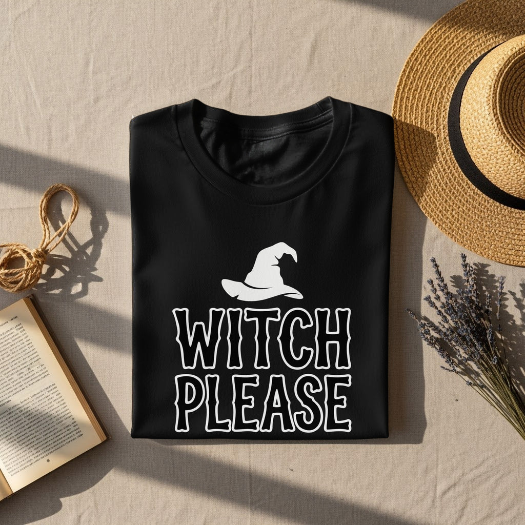 Black t-shirt with white text "WITCH PLEASE" and a witch hat graphic.