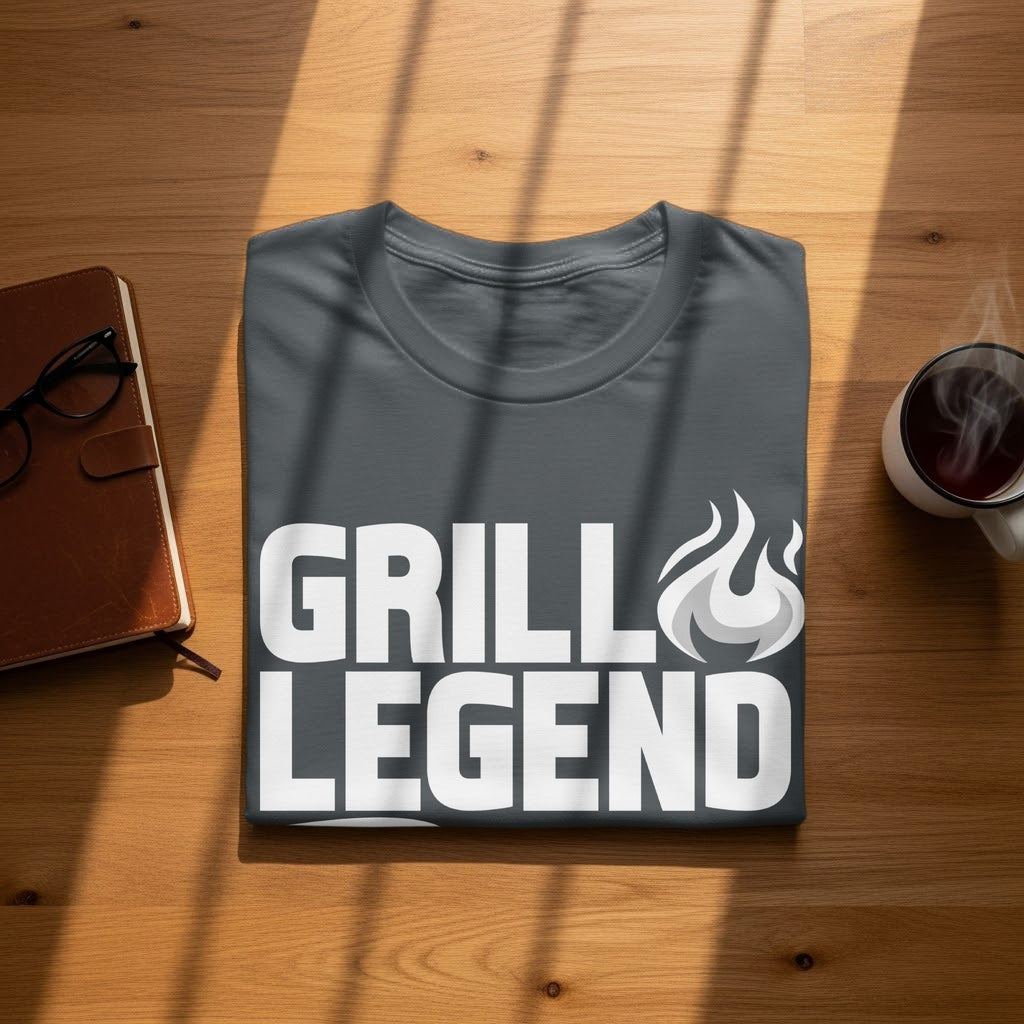 Dark grey t-shirt with white "GRILL LEGEND" text and flame graphic.