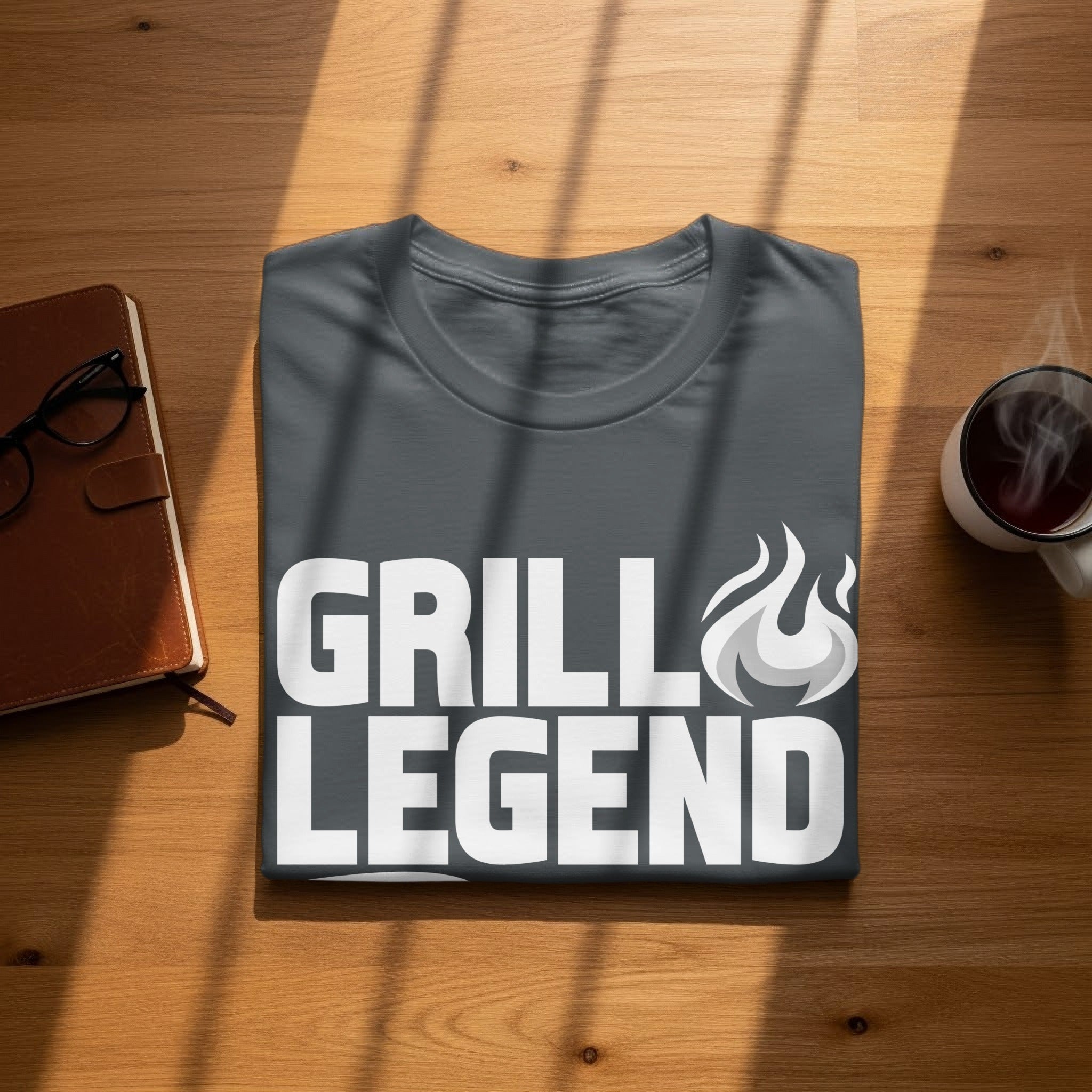 Dark grey t-shirt with white "GRILL LEGEND" text and flame graphic.