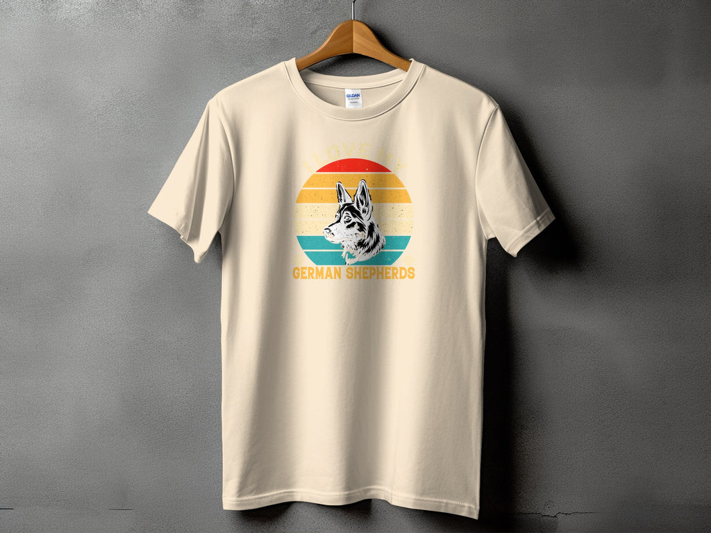 Cream t-shirt with German Shepherd graphic and retro sunset design.