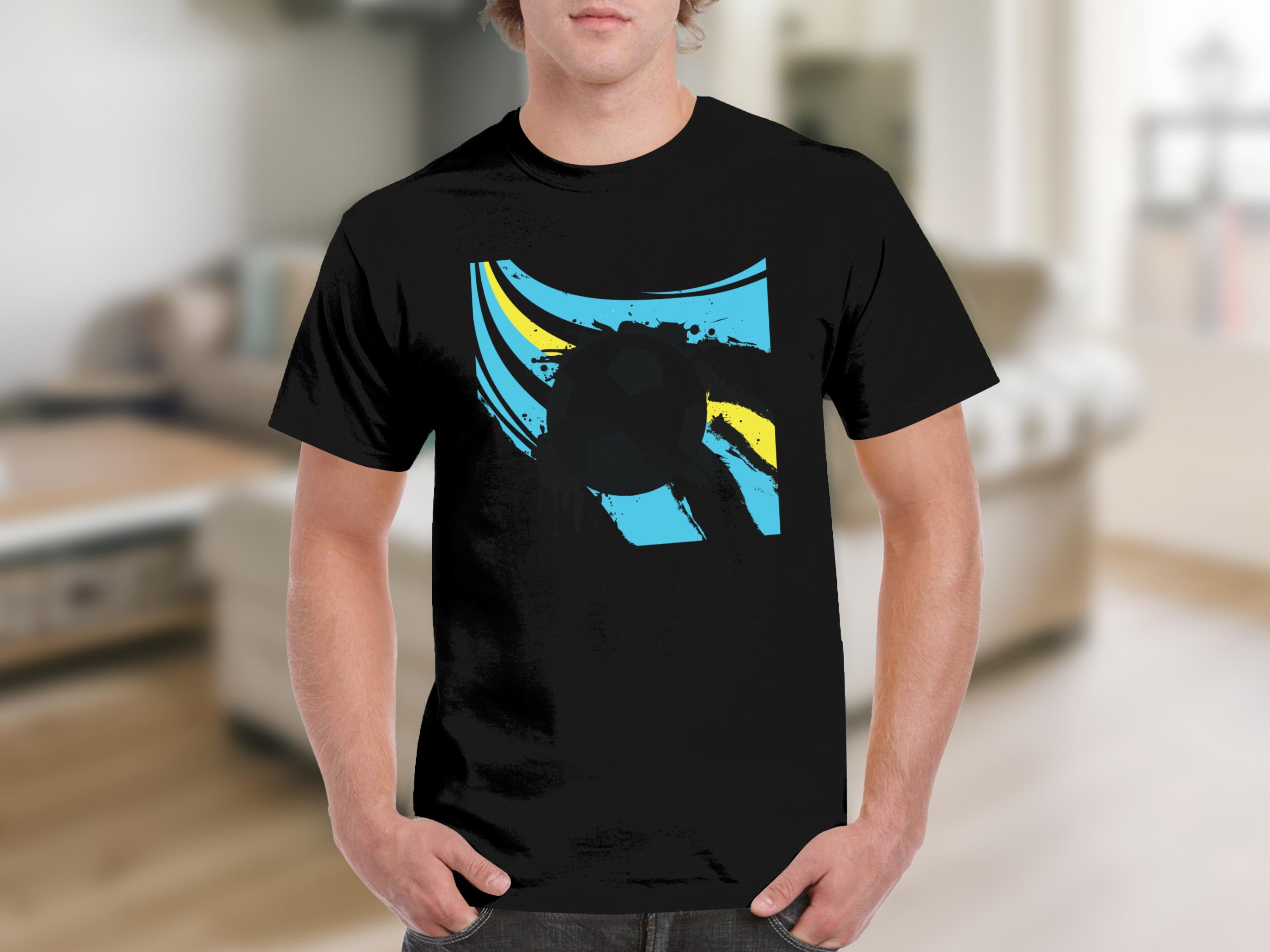Black t-shirt with abstract yellow and blue brushstrokes and circular graphic.