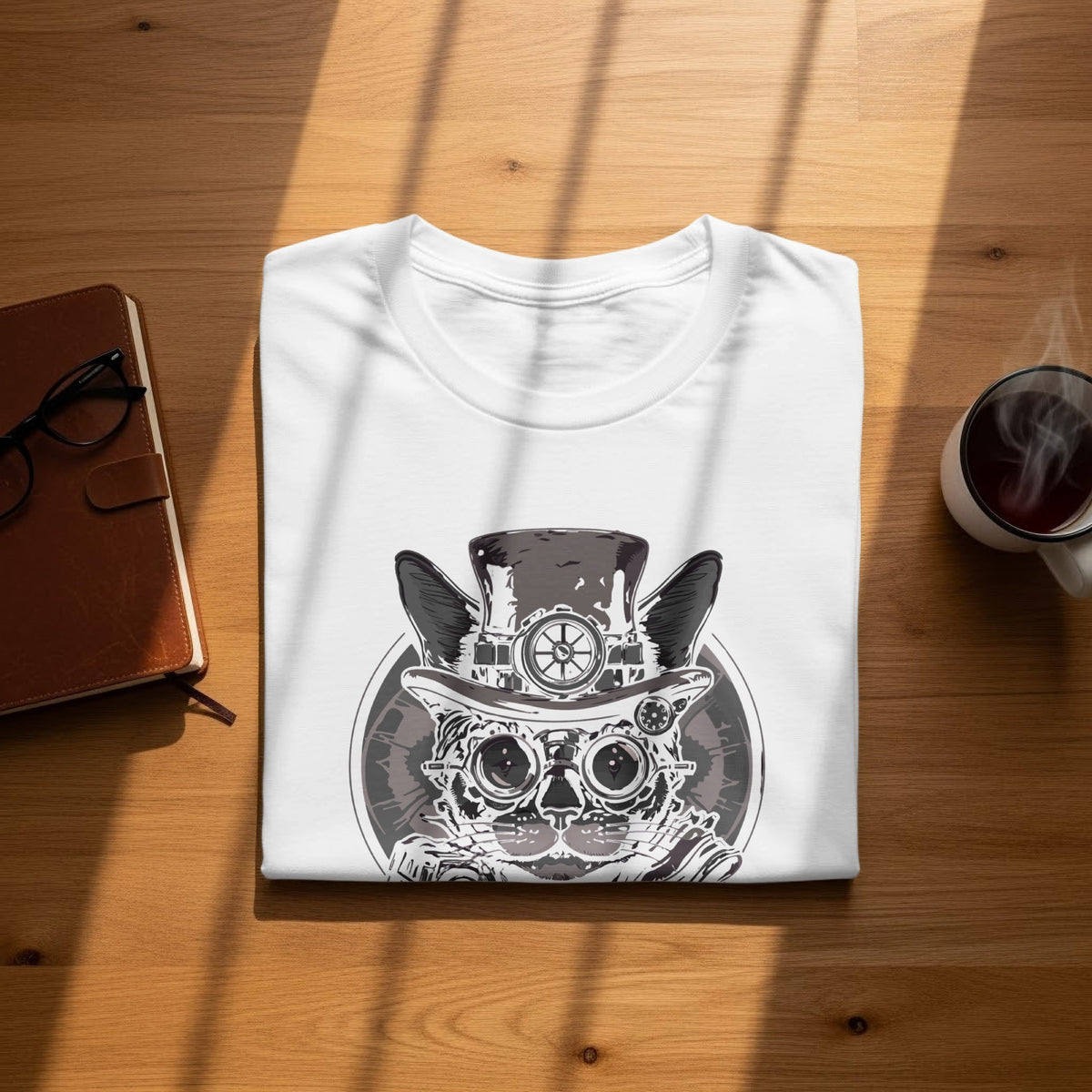 White t-shirt with a steampunk cat graphic wearing goggles and top hat.