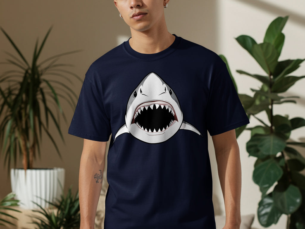 Navy t-shirt with a graphic of a great white shark with its mouth open.
