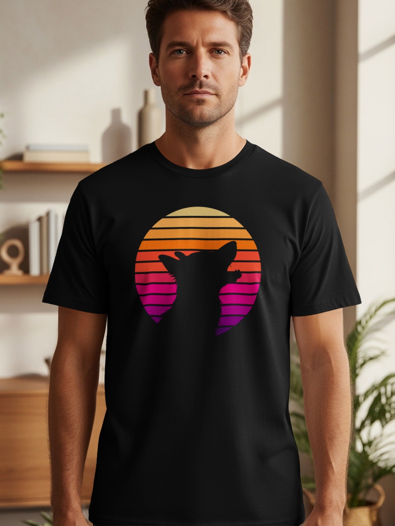 Black t-shirt with a silhouette of a cat against a sunset gradient circle.