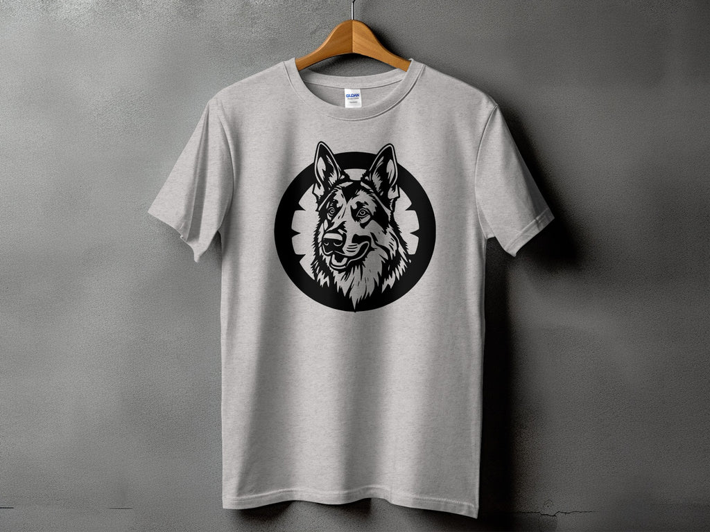 Light grey Gildan t-shirt with a black German Shepherd head graphic in a circle.
