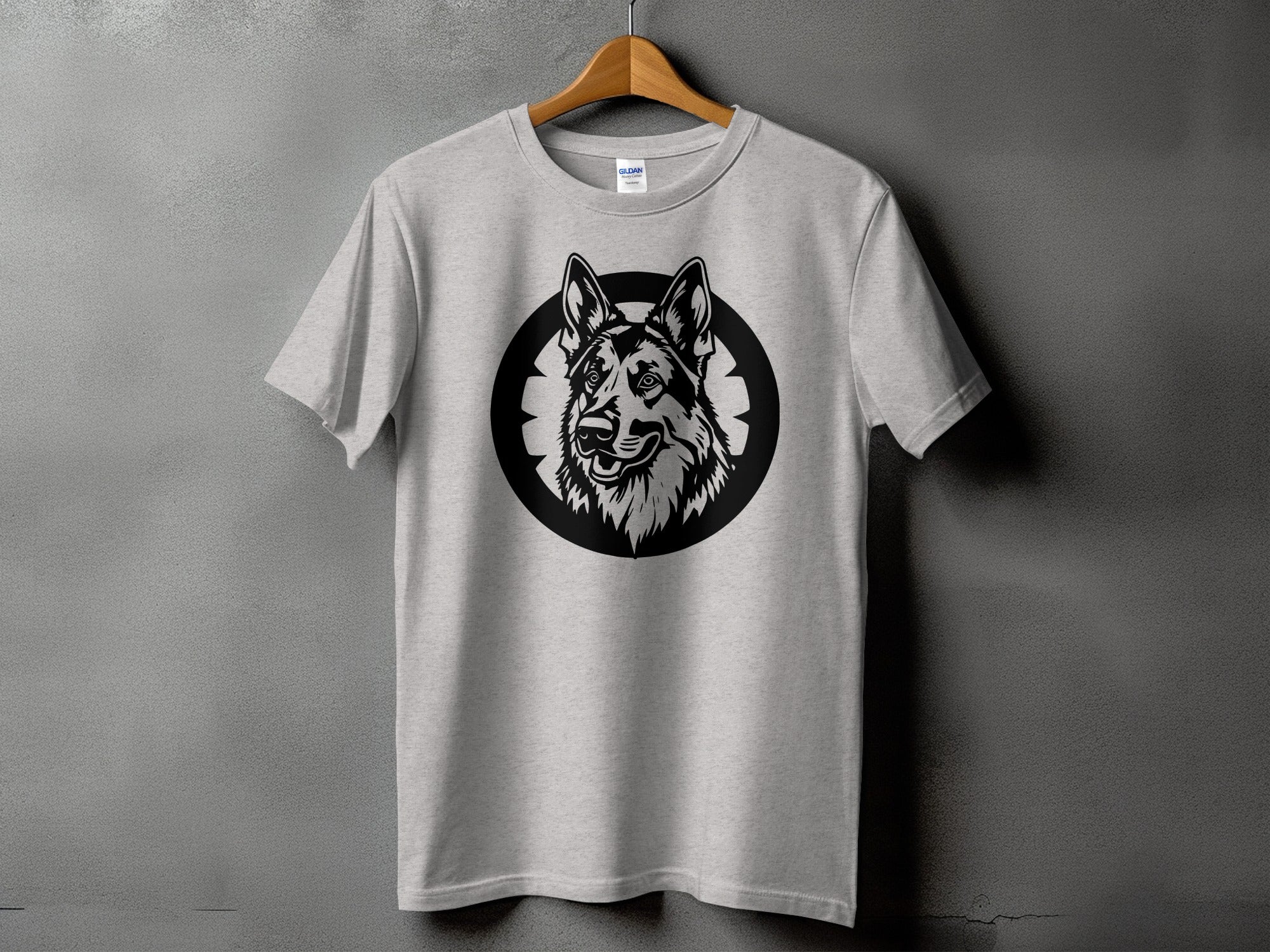 Light grey Gildan t-shirt with a black German Shepherd head graphic in a circle.