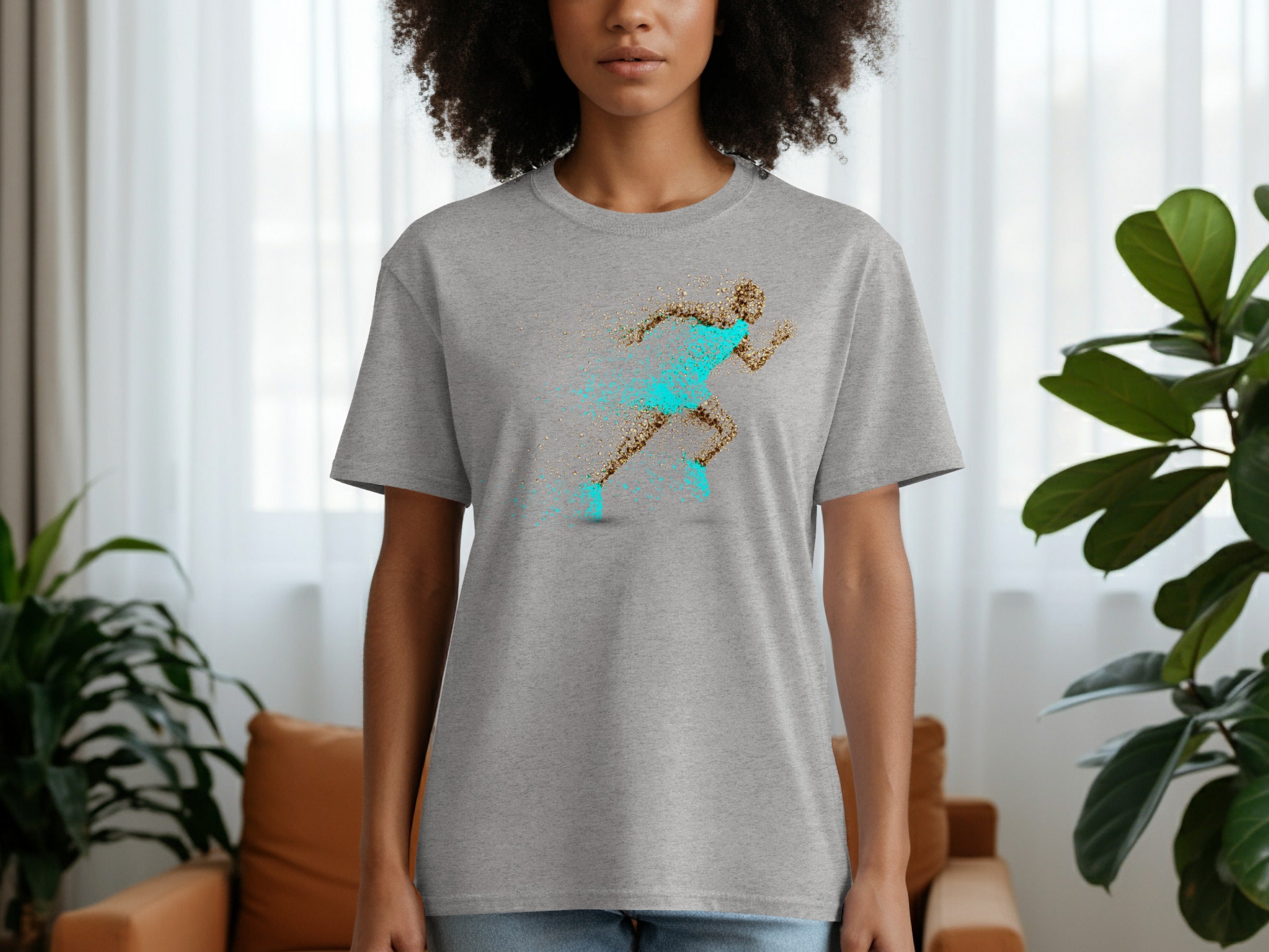 Gray t-shirt with a shattered effect running figure graphic in brown and teal.