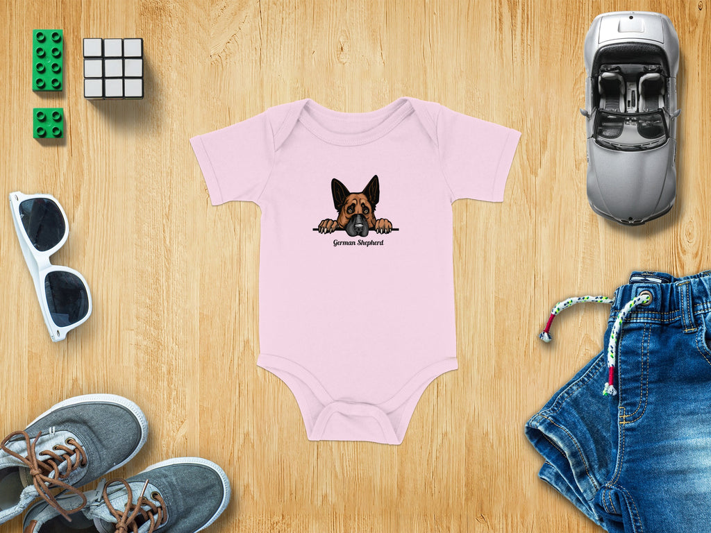 Pink baby onesie with a German Shepherd graphic and text.