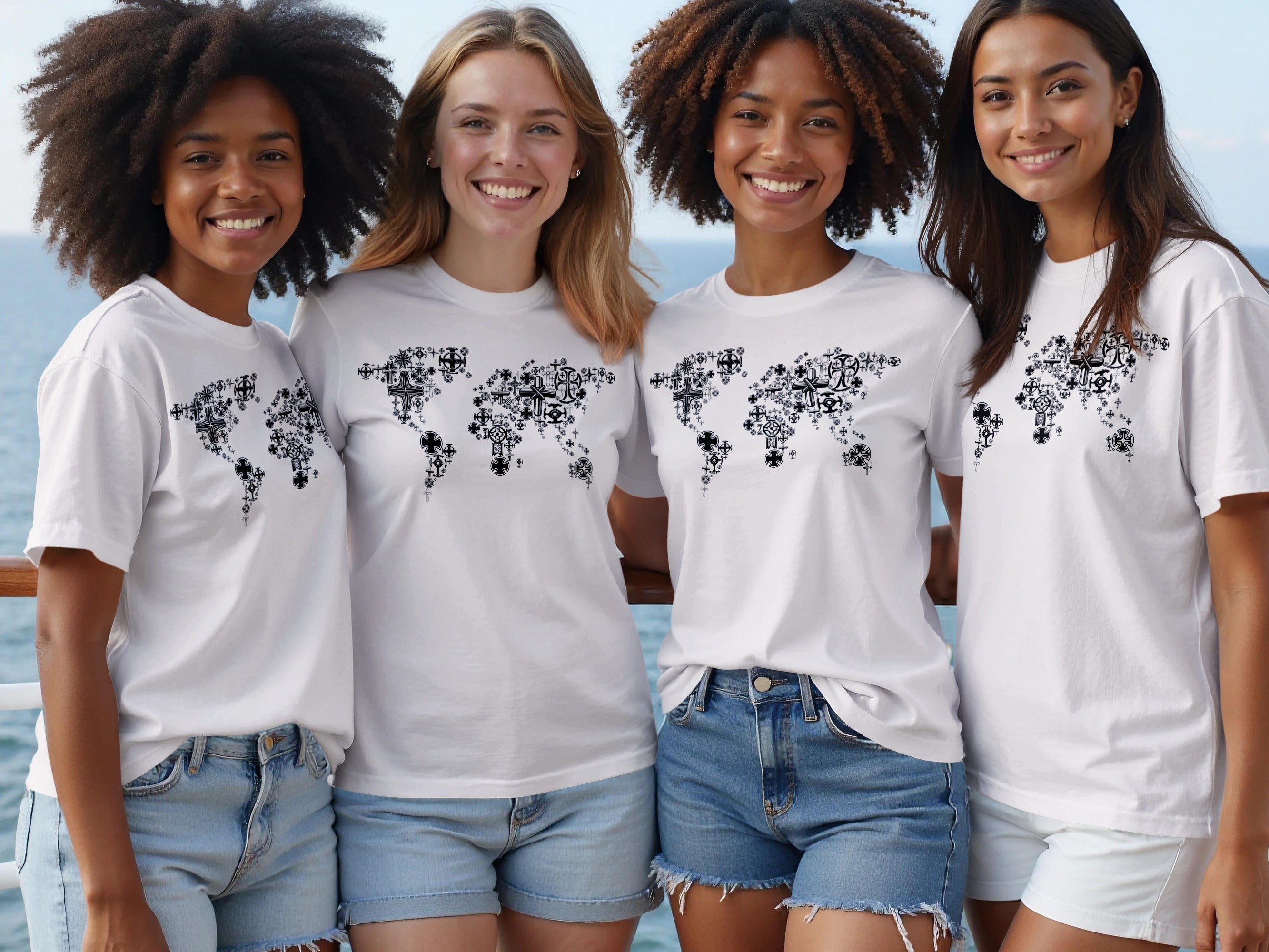 Four smiling women wear white t-shirts with a world map design made of crosses.