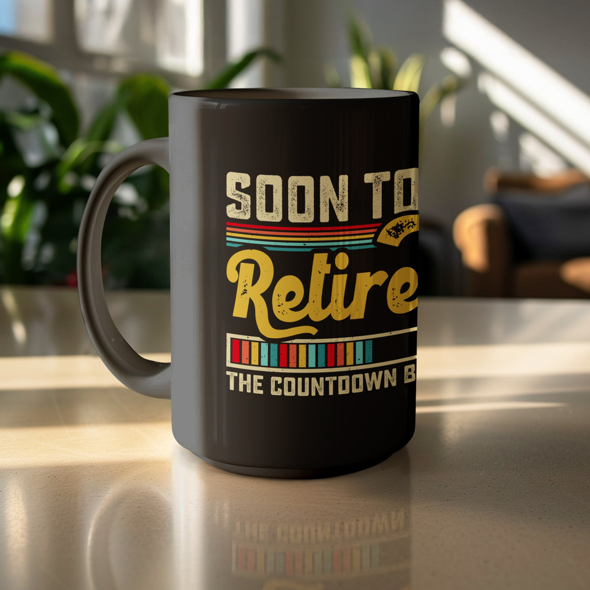 Black mug with "Soon To Retire The Countdown Begins" text and colorful retro stripes.