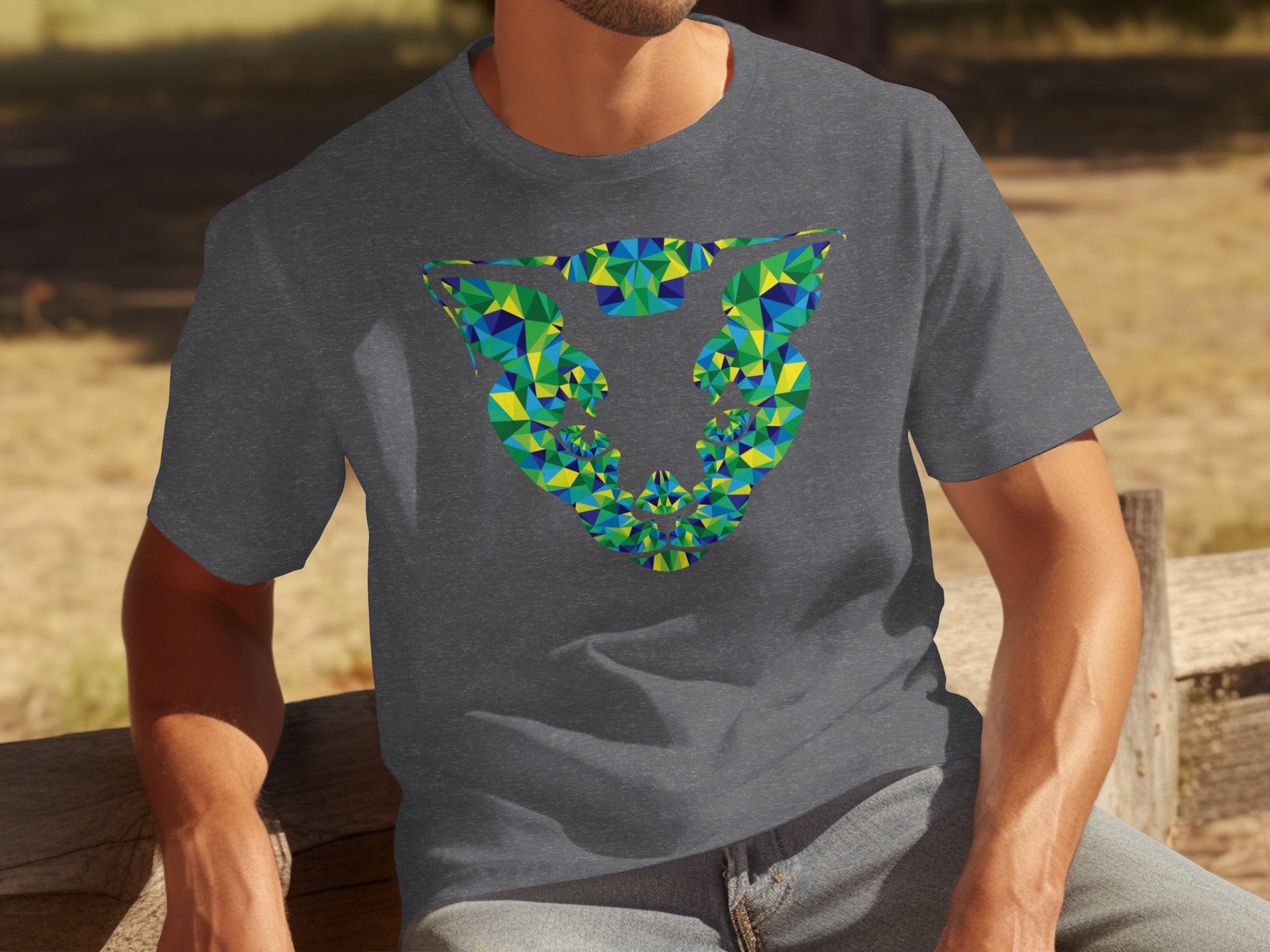 Dark gray t-shirt with a low-poly abstract design in blue, green, and yellow.