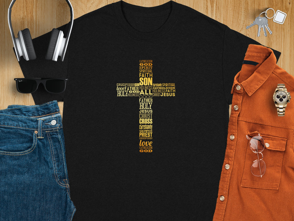Black t-shirt with gold religious word art forming a cross.