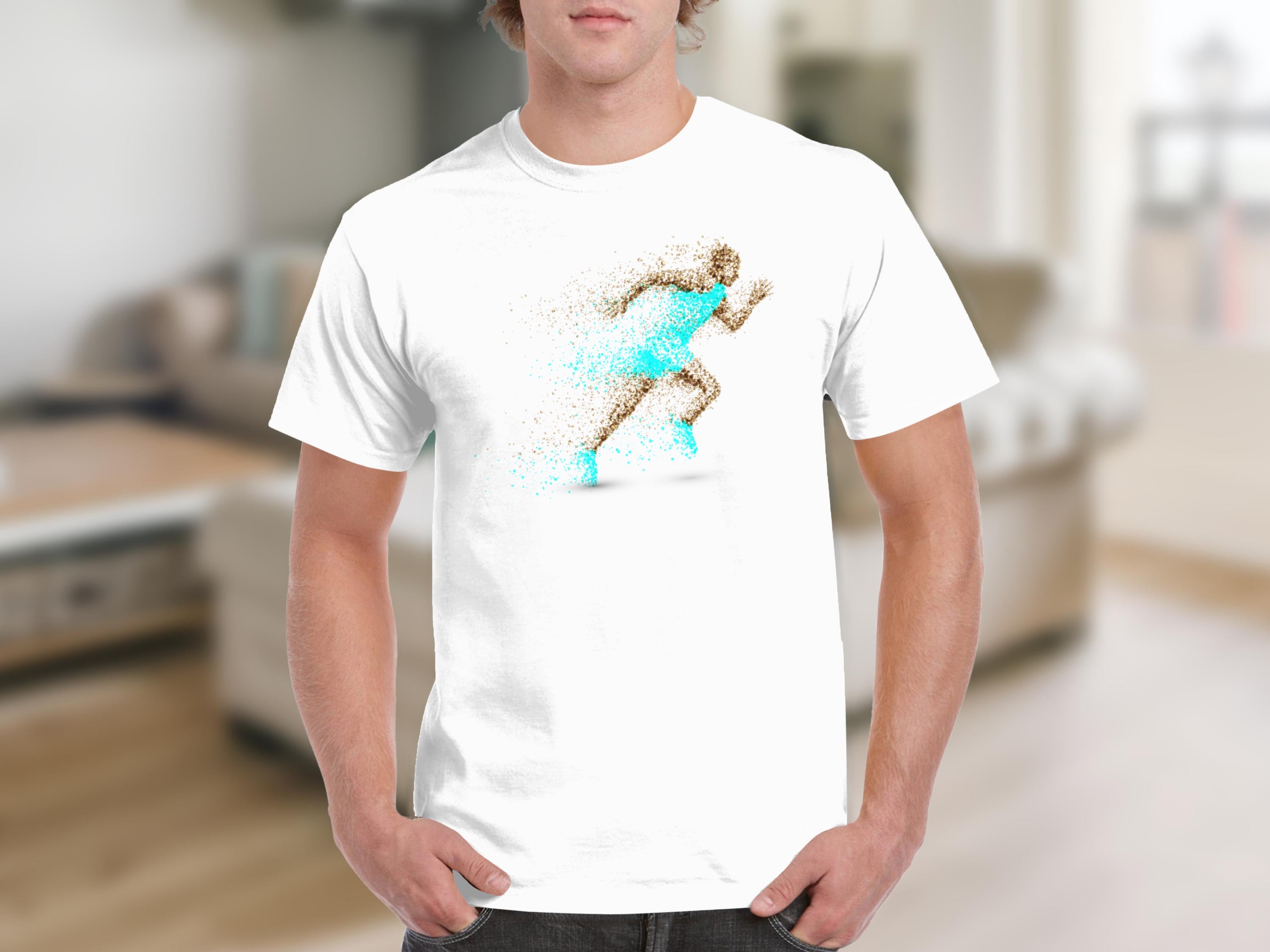 White t-shirt with a graphic of a runner made of fragmented particles.