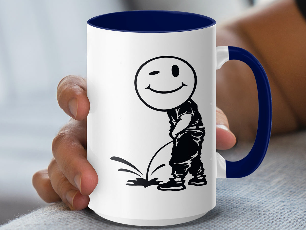 White mug with blue handle featuring a black silhouette of a smiling, winking smiley face character peeing.