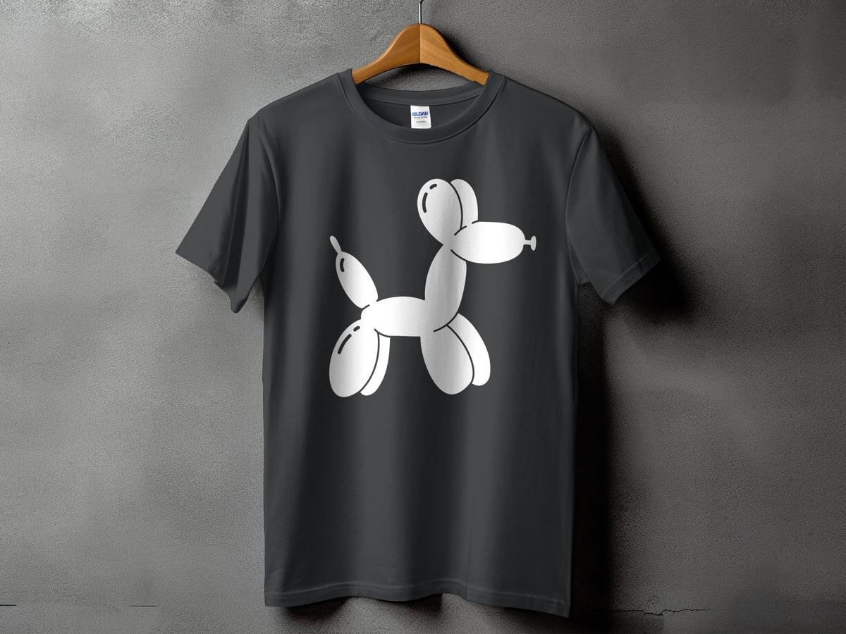 Dark gray t-shirt with a white balloon dog graphic on the chest.
