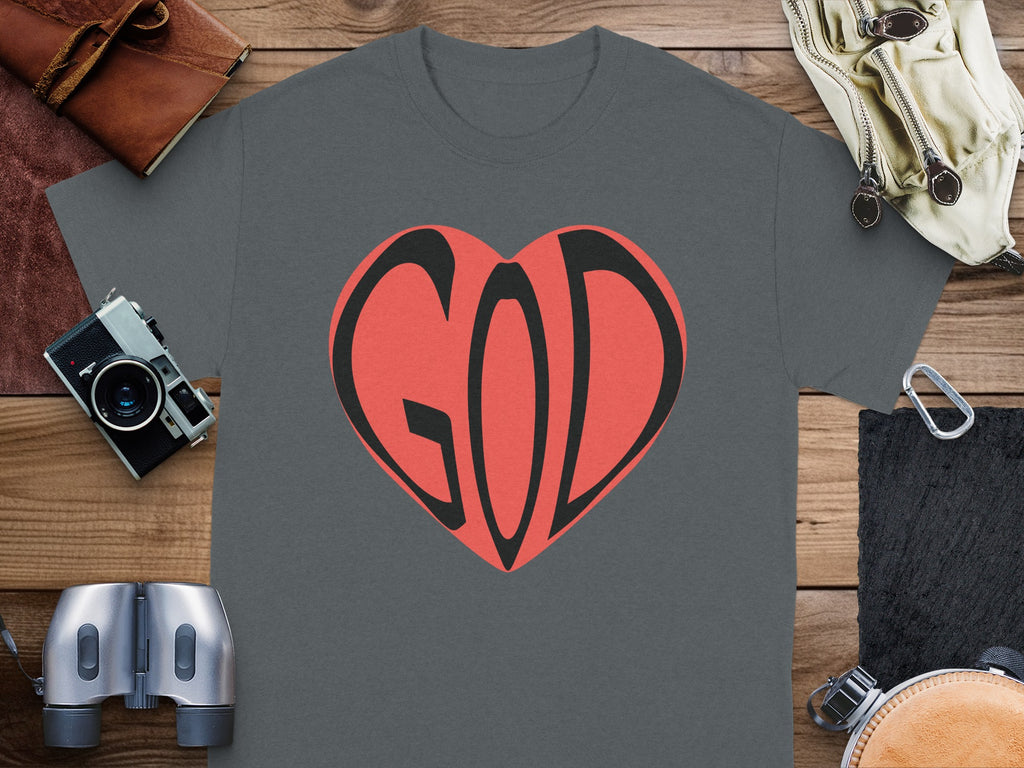 Dark gray t-shirt with a red heart graphic containing the word "GOD" in black.