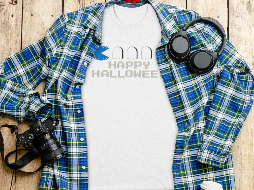 White t-shirt with Pac-Man, ghosts, and "Happy Halloween" text.