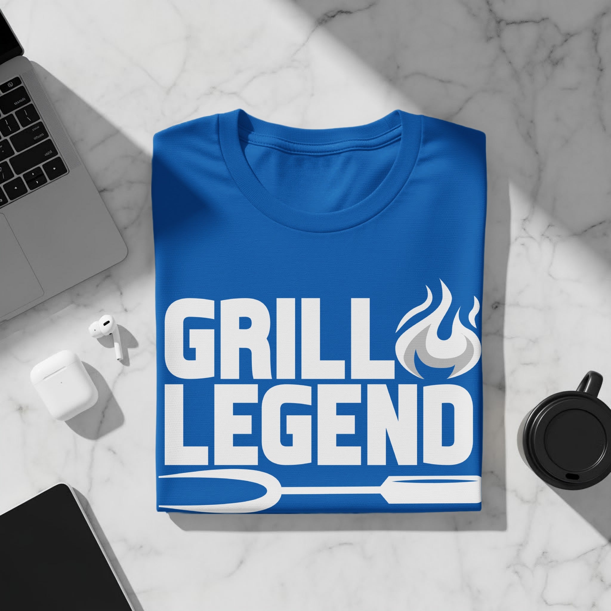 Royal blue t-shirt with white text "GRILL LEGEND" and flame graphic.