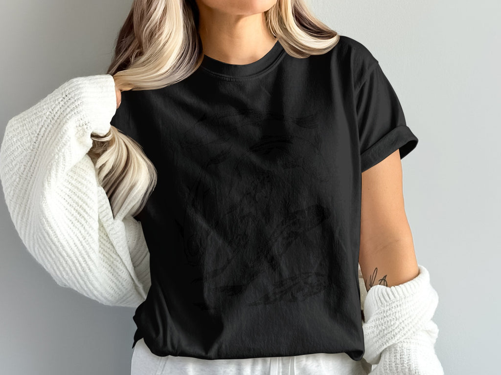 Black t-shirt with a dark, faint sketch of two koi fish across the chest.