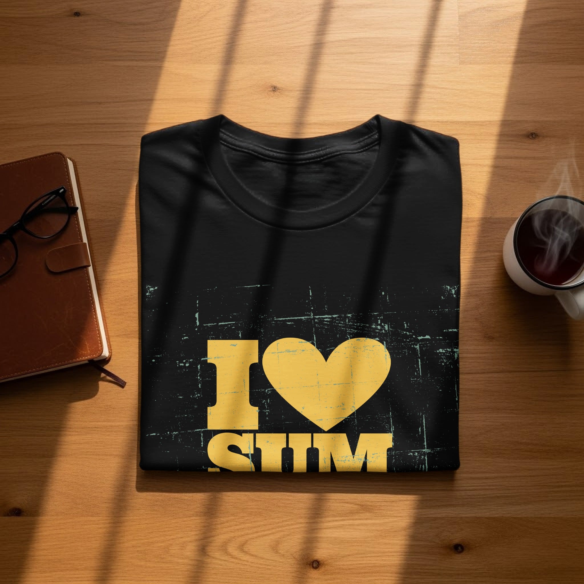 Black t-shirt with yellow text "I ❤ SIM" on a wooden surface.