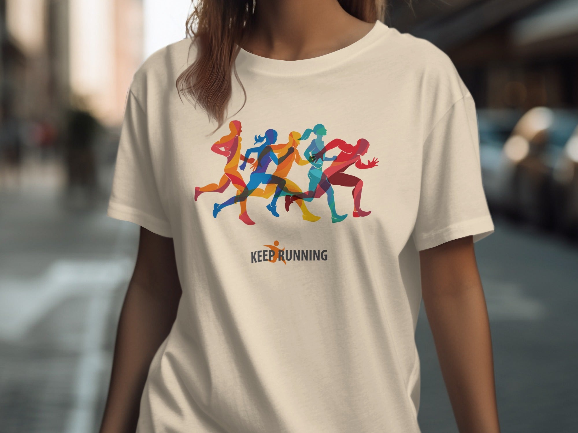 Cream t-shirt with colorful running figures and text "KEEP RUNNING".