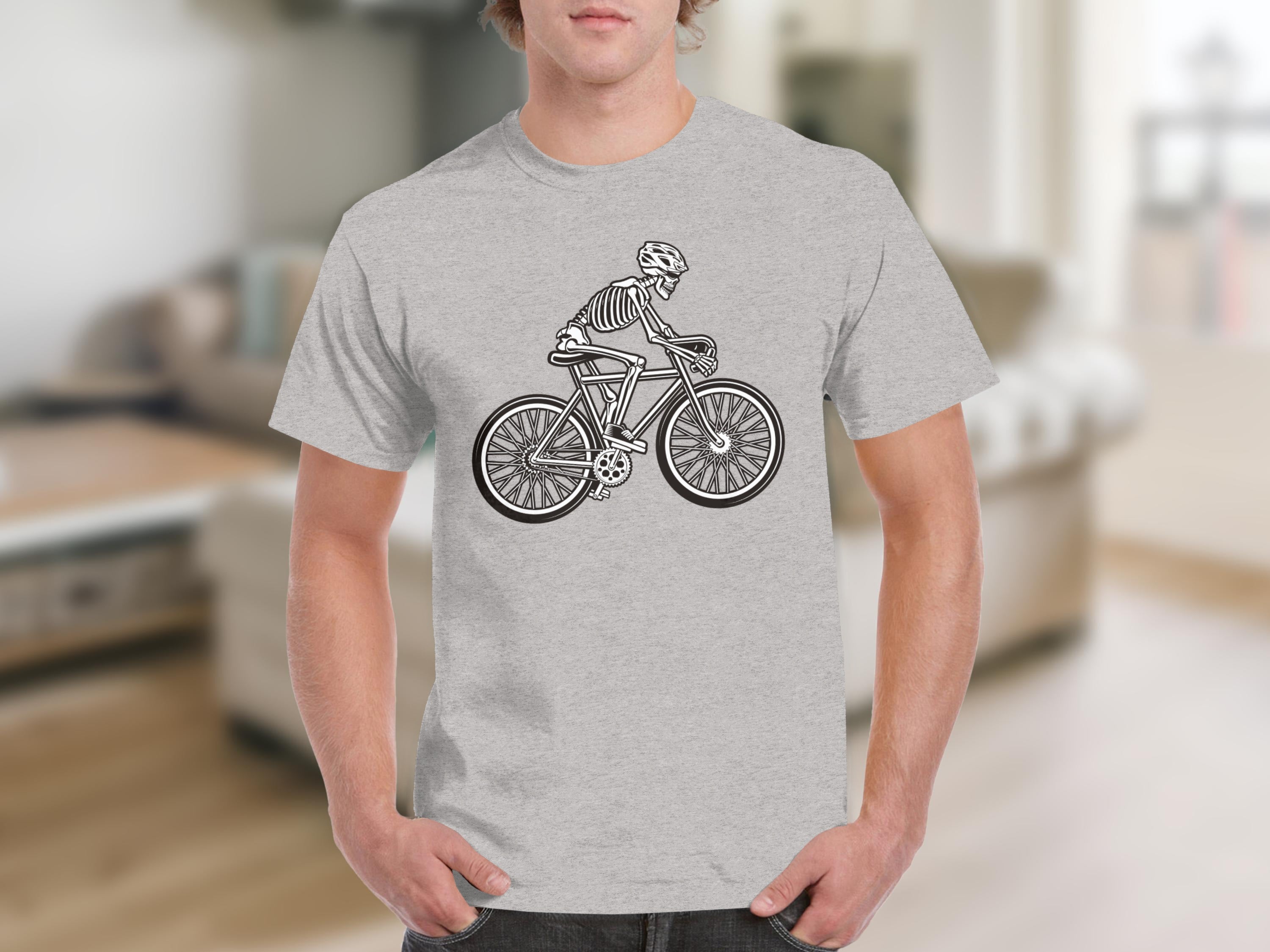 Skeleton biker graphic on gray t-shirt.