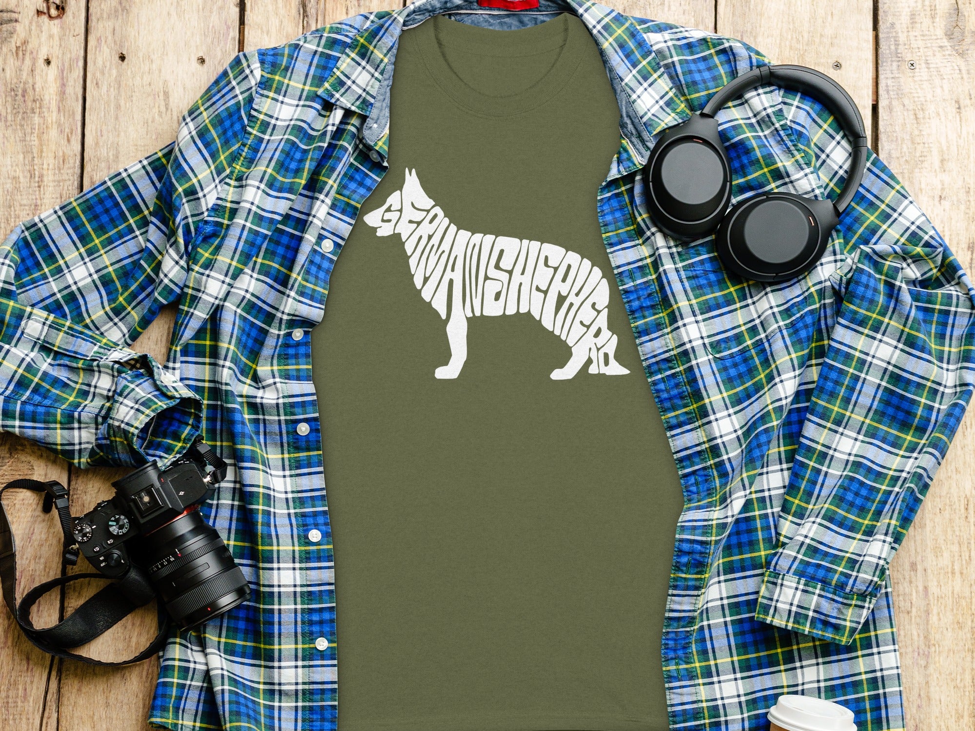Olive green t-shirt with white "GERMAN SHEPHERD" text silhouette.